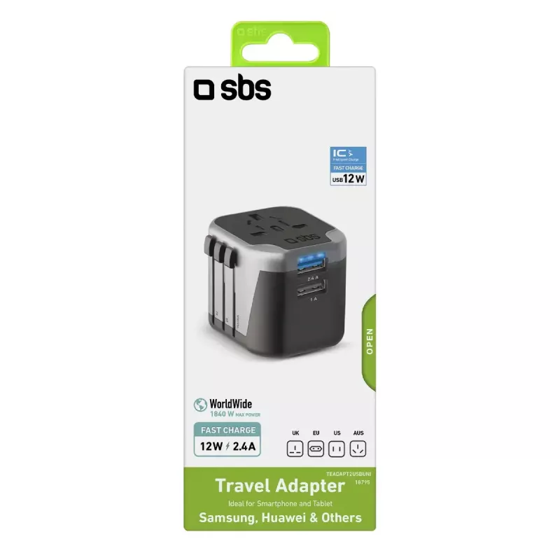 Napájací zdroj pre mobilné zariadenia SBS Mobile TEADAPT2USBUNI — čierny/strieborný, USB adaptér