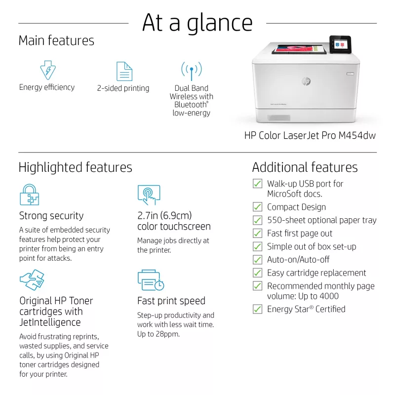 HP Color LaserJet Pro M454dw, tlač, predný USB port na tlač; obojstranná tlač