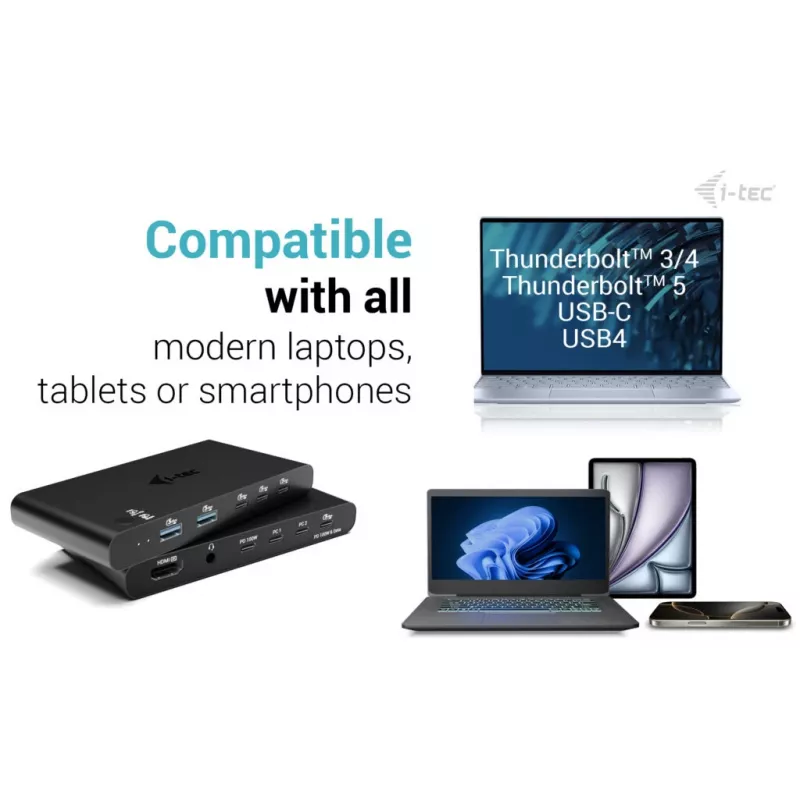 KVM dokovacia stanica i-tec pre 2 hosty HDMI, USB-C host rozhranie, PD 2×100W, 4K@60Hz, 2×USB-A