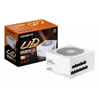 Napájací zdroj GIGABYTE UD850GM PG5 V2 ICE – 850 W, PCIe Gen 5.1, 80 PLUS Gold, plne modulárny, 120 mm ventilátor, ATX 3.1, UK konektor, biely