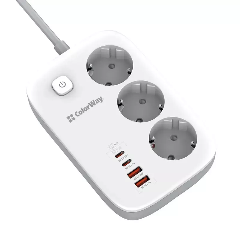 ColorWay CW-CHE34PDW sieťová zásuvka, 2x USB-C PD, 2x USB-A QC3.0, kábel 2 m
