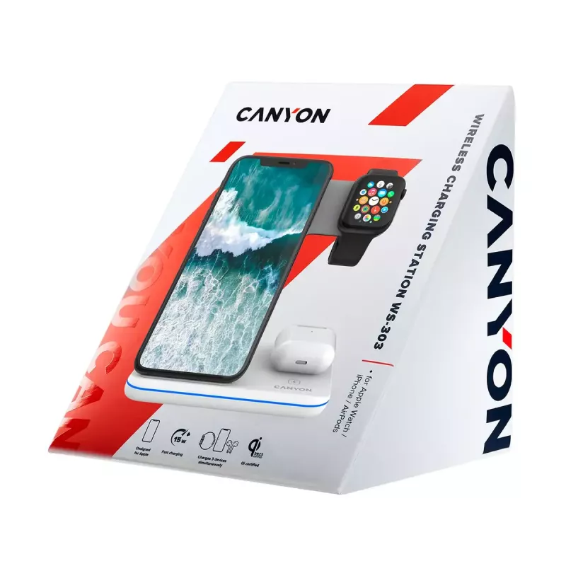 CANYON WS-303 bezdrôtový nabíjací stojan Qi 3 v 1, 15 W, biely (CNS-WCS303W)