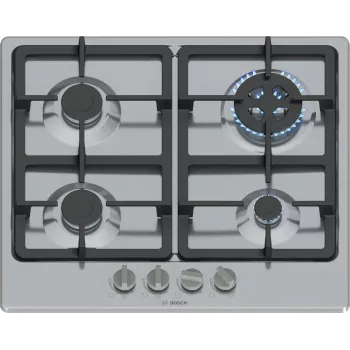 Vstavaná plynová varná doska Bosch Serie 4 PGH6B5K90, 4 zóny, nerez, 60 cm, otočné ovládače, wok horák