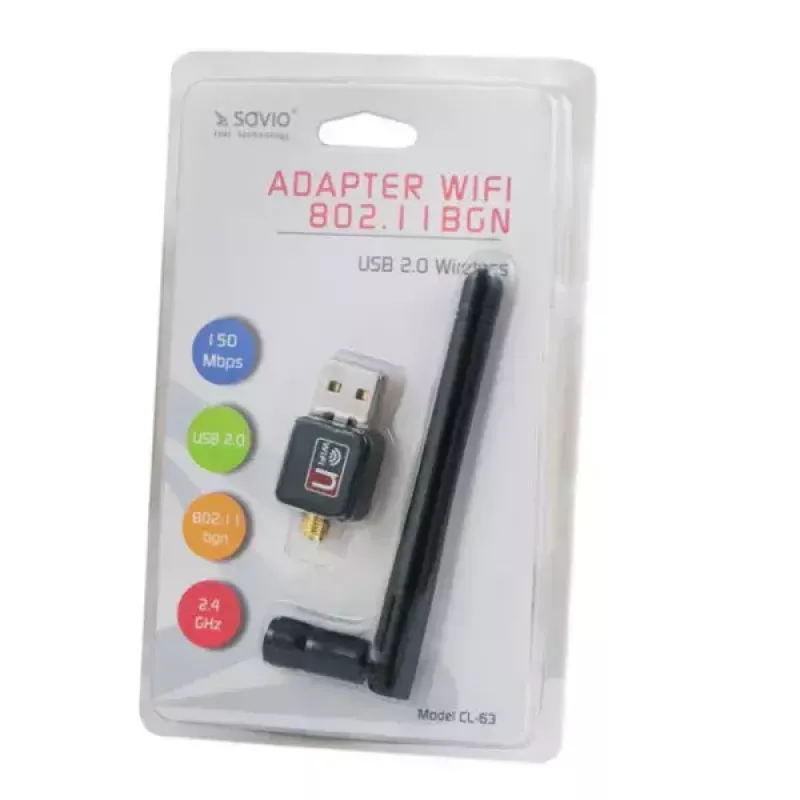 USB Wi-Fi adaptér SAVIO CL-63, Single-Band 2,4 GHz, 150 Mbit/s, Realtek RTL8188CU, externá anténa, USB 2.0