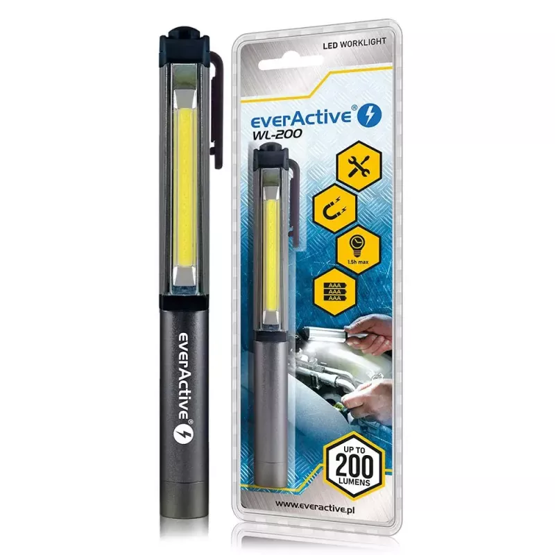 everActive WL-200 inšpekčná pracovná baterka COB LED, 3 W, 200 lm, IP44, hliník, magnety a klip, 3×AAA