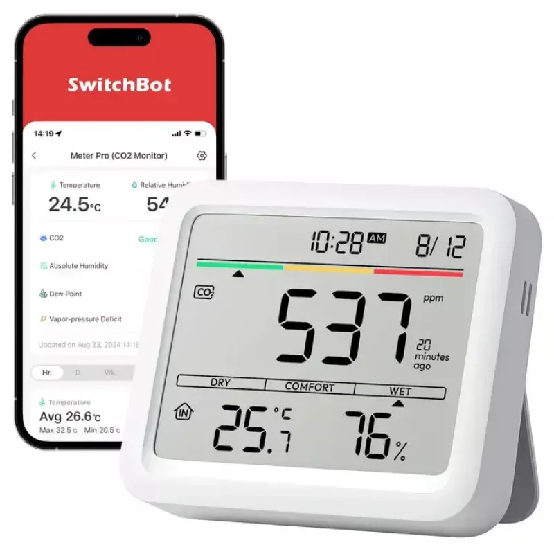 CO2 monitor SwitchBot Meter Pro — meranie CO2, teploty a vlhkosti, LCD, batéria (AA), ABS puzdro, 5 V, teplotný rozsah -20–80°C