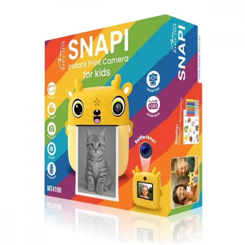 Detský digitálny fotoaparát MEDIA-TECH SNAPI MT4108 — 8 MP interpolovaný, 1280x720 LCD, 1000 mAh, USB-C, microSD slot, žltý