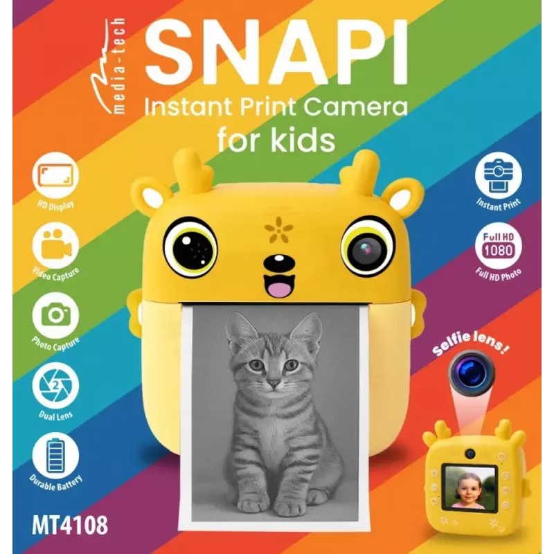 Detský digitálny fotoaparát MEDIA-TECH SNAPI MT4108 — 8 MP interpolovaný, 1280x720 LCD, 1000 mAh, USB-C, microSD slot, žltý