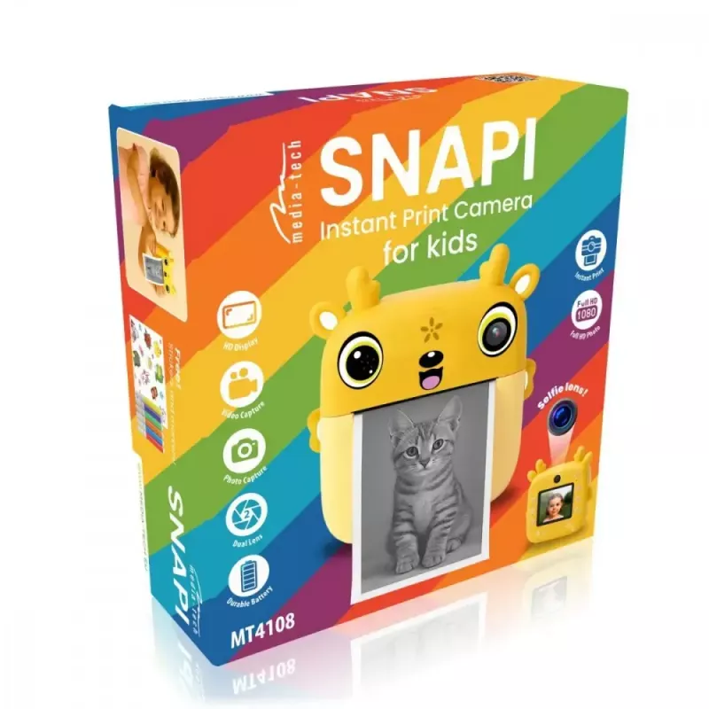Detský digitálny fotoaparát MEDIA-TECH SNAPI MT4108 — 8 MP interpolovaný, 1280x720 LCD, 1000 mAh, USB-C, microSD slot, žltý
