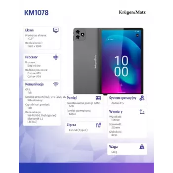 Kruger & Matz Krüger&Matz KM1078S Tablet 8 GB RAM 256 GB Octa-Core (10.95) Wi-Fi 5 (802.11ac) Android 15
