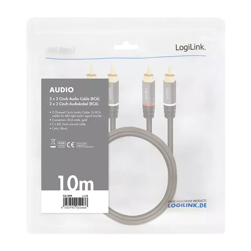 Audio kábel LogiLink CA1209 10 m 2x RCA čierny