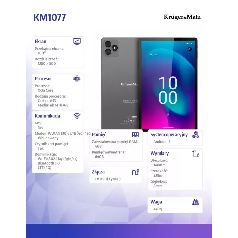 Tablet Kruger & Matz KM1077 10,1-palcový displej Quad-Core 4 GB RAM 64 GB úložisko Android
