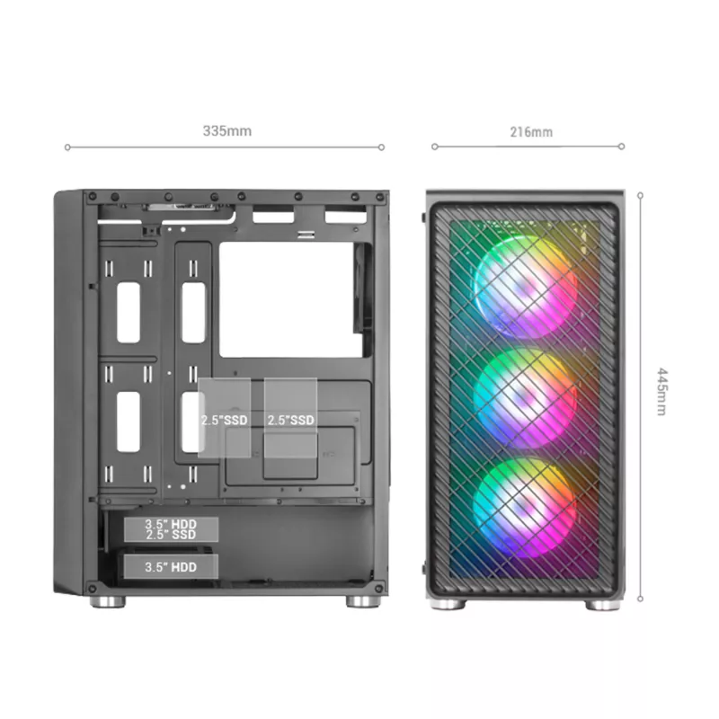 Mars Gaming MC-F čierna, ATX herná semitower, bočné okno z tvrdeného skla, predná kovová mriežka, 4x 120mm ARGB ventilátory