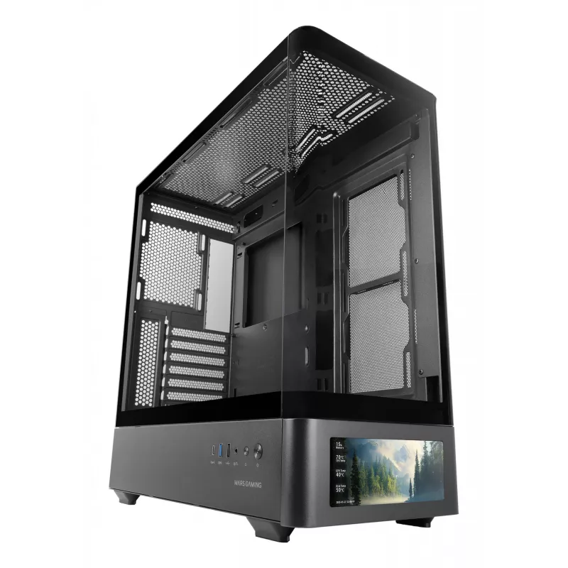 PC skriňa TACENS Mars Gaming MCLCDPRO Midi Tower – čierna, IPS 7,2 palca displej, napájací zdroj dole, podpora ATX/Micro‑ATX/Mini‑ITX