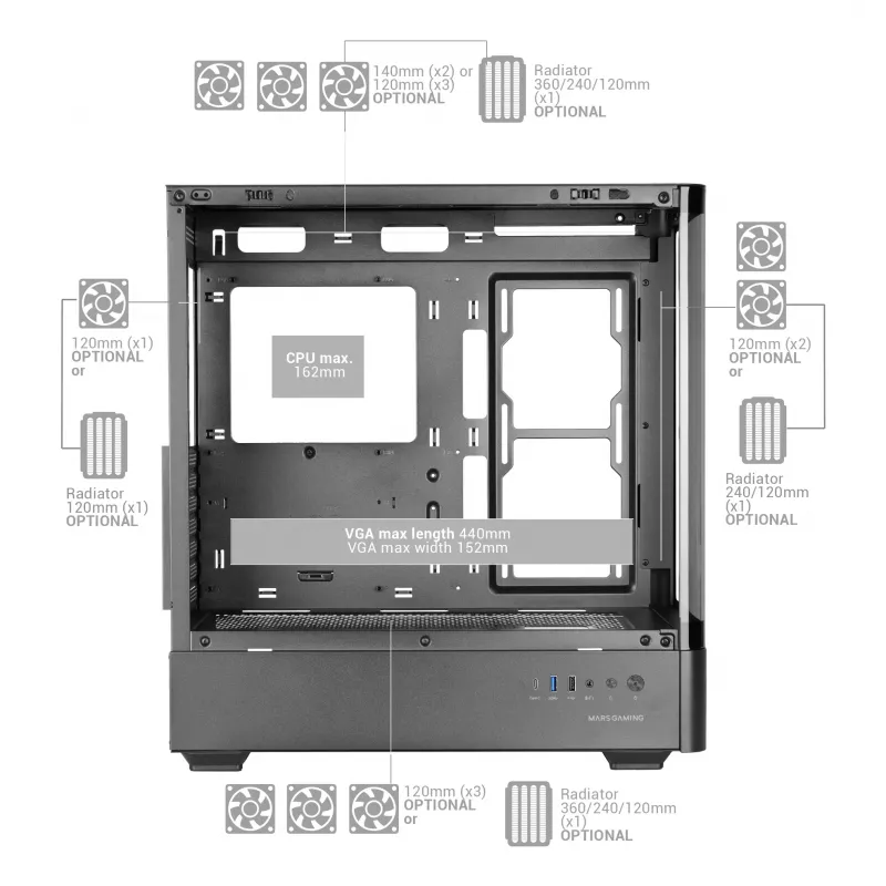 PC skriňa TACENS Mars Gaming MCLCDPRO Midi Tower – čierna, IPS 7,2 palca displej, napájací zdroj dole, podpora ATX/Micro‑ATX/Mini‑ITX