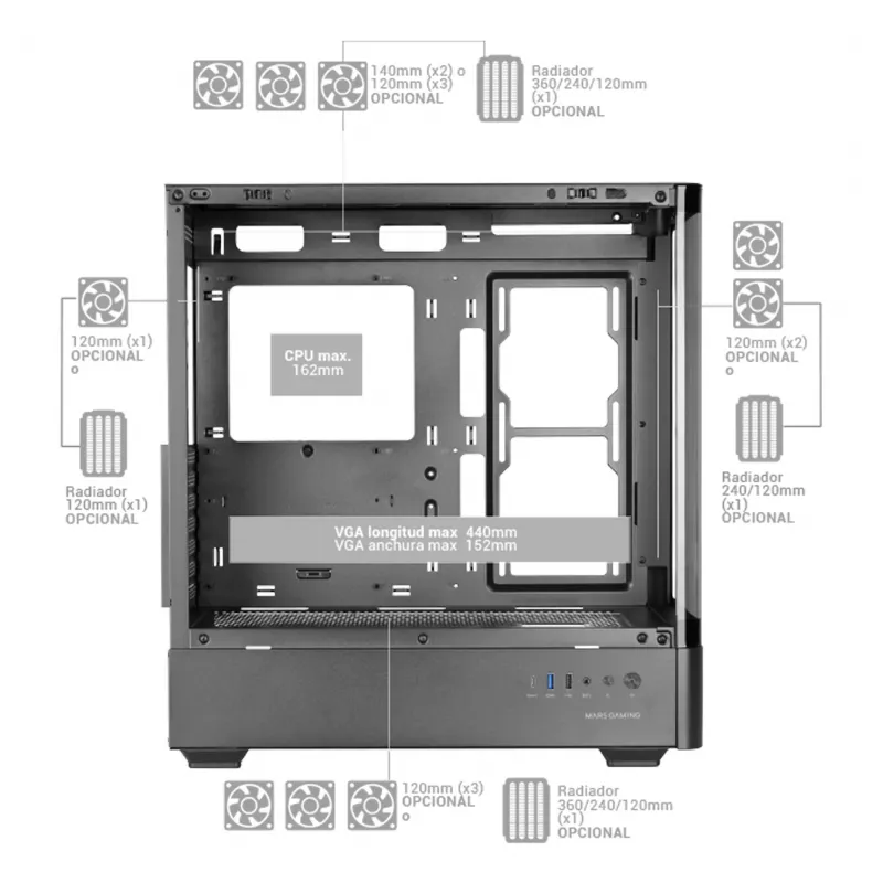 PC skriňa TACENS Mars Gaming MCLCDPRO Midi Tower – čierna, IPS 7,2 palca displej, napájací zdroj dole, podpora ATX/Micro‑ATX/Mini‑ITX