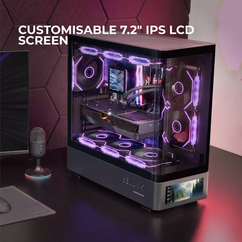 PC skriňa TACENS Mars Gaming MCLCDPRO Midi Tower – čierna, IPS 7,2 palca displej, napájací zdroj dole, podpora ATX/Micro‑ATX/Mini‑ITX