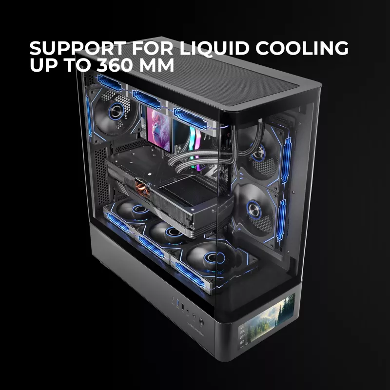 PC skriňa TACENS Mars Gaming MCLCDPRO Midi Tower – čierna, IPS 7,2 palca displej, napájací zdroj dole, podpora ATX/Micro‑ATX/Mini‑ITX