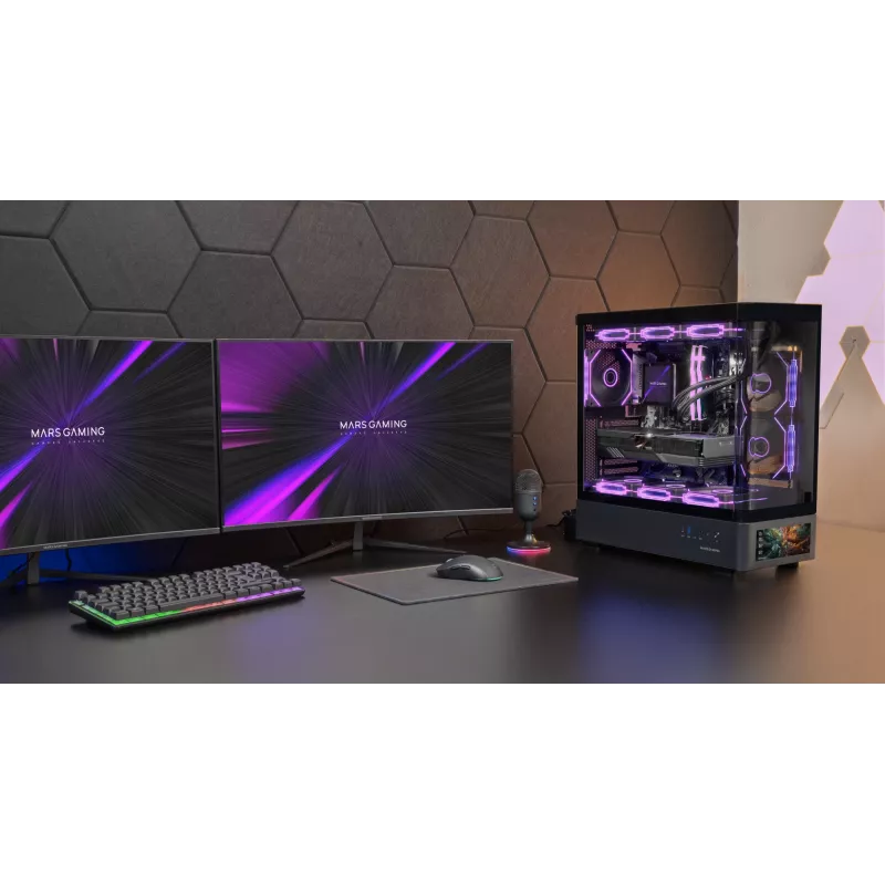 PC skriňa TACENS Mars Gaming MCLCDPRO Midi Tower – čierna, IPS 7,2 palca displej, napájací zdroj dole, podpora ATX/Micro‑ATX/Mini‑ITX