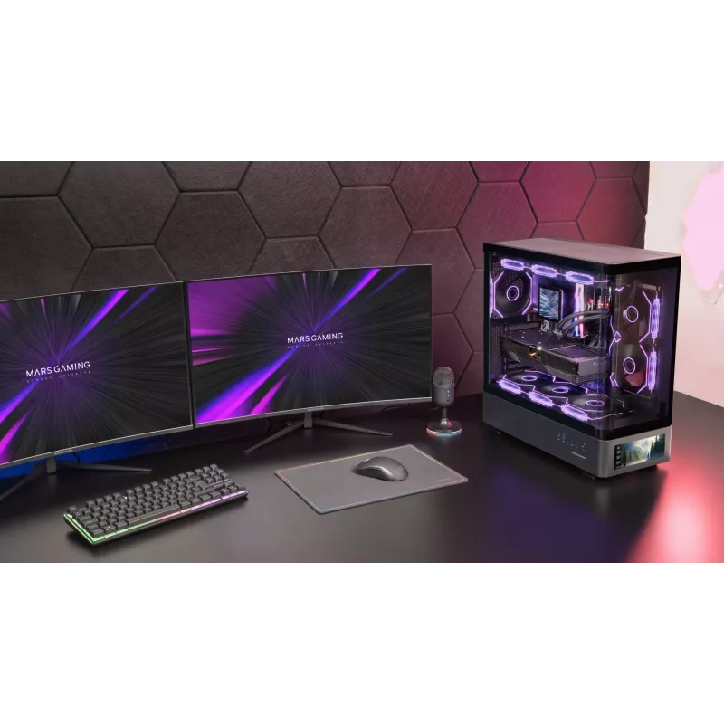 PC skriňa TACENS Mars Gaming MCLCDPRO Midi Tower – čierna, IPS 7,2 palca displej, napájací zdroj dole, podpora ATX/Micro‑ATX/Mini‑ITX