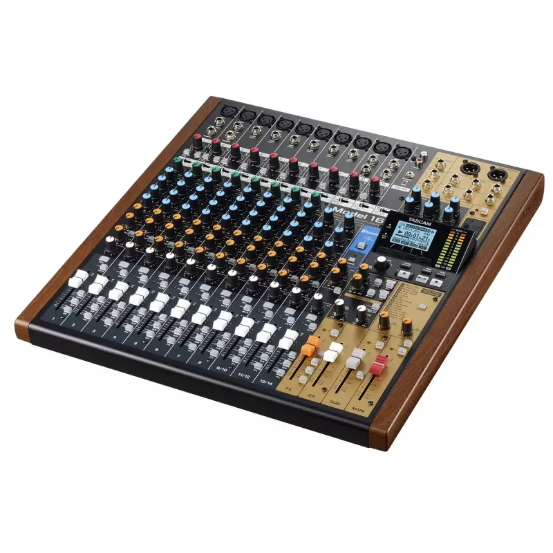 Tascam Model 16 audio mixér, 16 kanálov, 16-stopový digitálny rekordér, 20-30000 Hz, čierny/zlatý/drevený