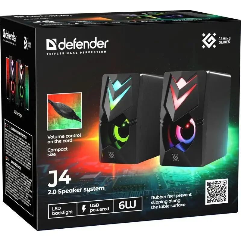 PC reproduktory DEFENDER J4 2.0 6W LED USB, 3,5 mm, 90–20000 Hz, čierne