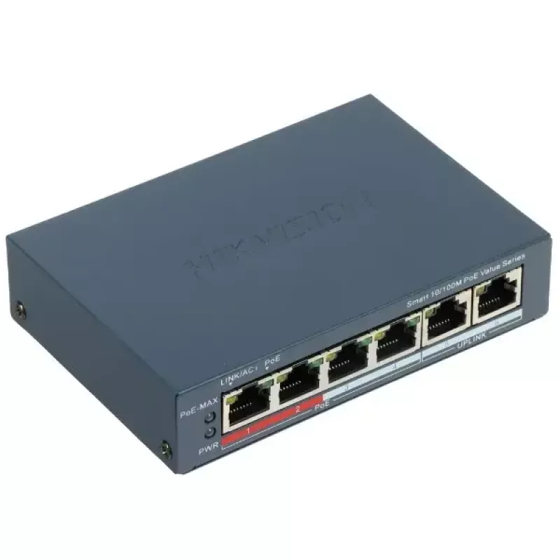 Sieťový switch Hikvision DS-3E1106P-EI — 6-portový PoE Ethernet switch, unmanaged, 10/100 Mbit/s