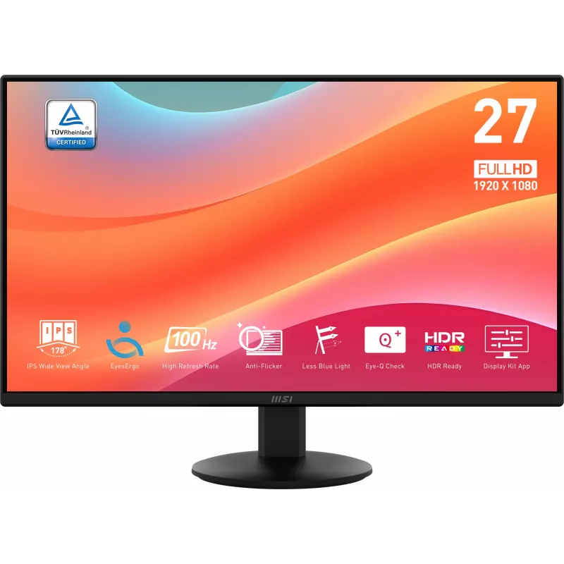 MSI PRO MP272L monitor, 27 palcov (68,6 cm), 1920 x 1080 Full HD, 16:9, 100 Hz, 1 ms, HDMI, DisplayPort, matný, čierny