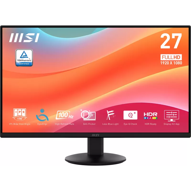 MSI PRO MP272L monitor, 27 palcov (68,6 cm), 1920 x 1080 Full HD, 16:9, 100 Hz, 1 ms, HDMI, DisplayPort, matný, čierny
