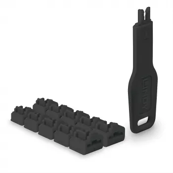 Sada port blocker Lindy RJ45 Port Locks čierna — 10 ks + 1 kľúč, kompatibilné s RJ-45 konektormi