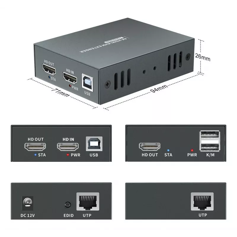 Sada AV predlžovača (vysielač & prijímač) LEVELONE HVE-8111, 3840x2160, Cat6, USB-A/USB-B, DC 12V (2 ks)