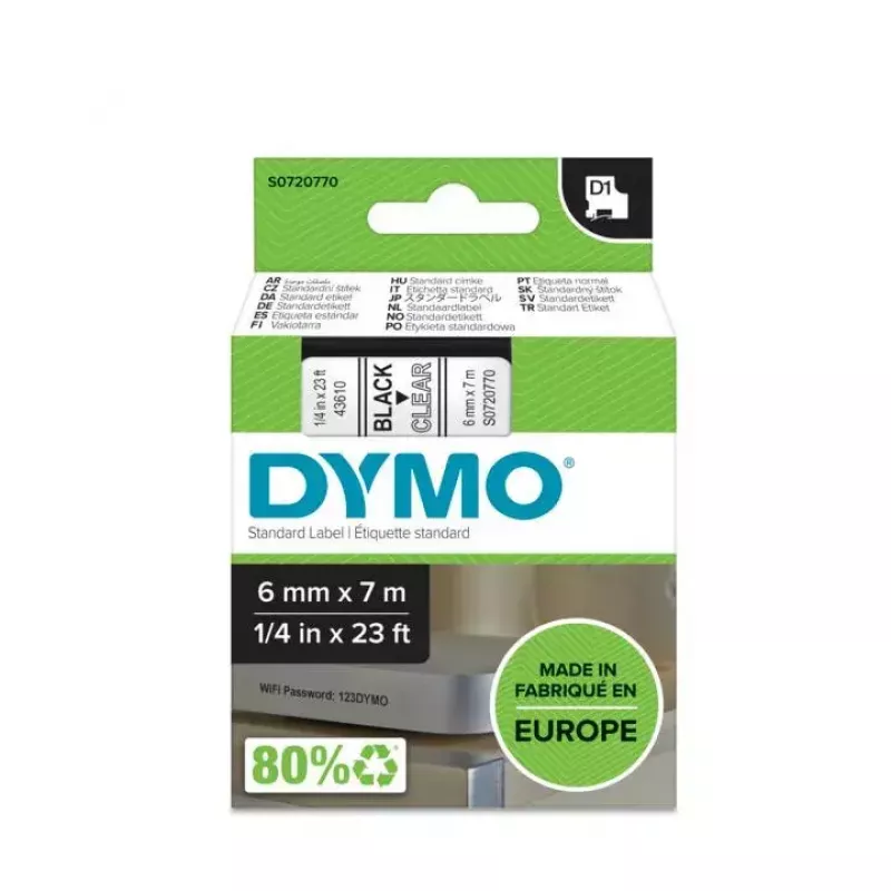 DYMO Authentic D1 Labels | čierna tlač na transparentnej fólii | 6 mm x 7 m | samolepiace etikety pre tlačiarne etikiet LabelManager | vyrobené v Európe