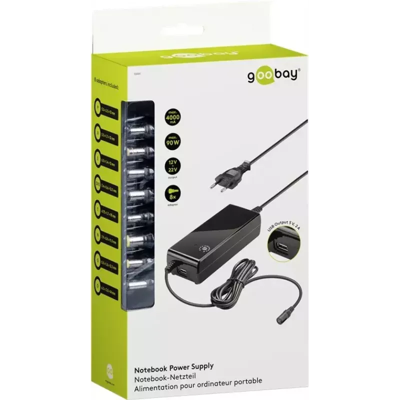 Goobay 81 W Napájací zdroj pre notebook, čierny, 1,6 m, vrátane USB a 8 DC adaptérov