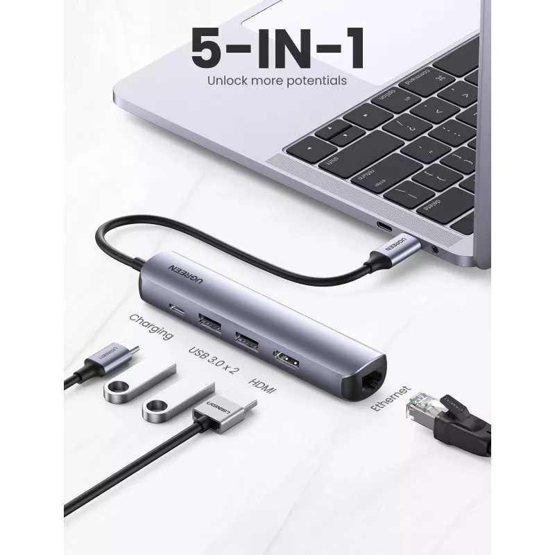 Ugreen CM418 10919 rozbočovač USB-C 5 v 1, HDMI 4K 30 Hz, Ethernet, USB 3.0, Power Delivery, hliník, sivý