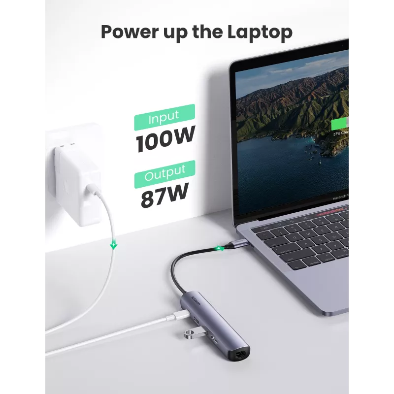 Ugreen CM418 10919 rozbočovač USB-C 5 v 1, HDMI 4K 30 Hz, Ethernet, USB 3.0, Power Delivery, hliník, sivý
