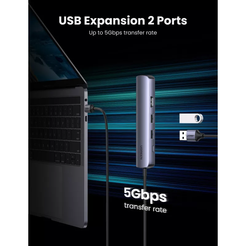 Ugreen CM418 10919 rozbočovač USB-C 5 v 1, HDMI 4K 30 Hz, Ethernet, USB 3.0, Power Delivery, hliník, sivý