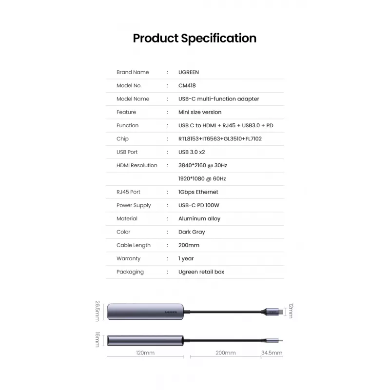 Ugreen CM418 10919 rozbočovač USB-C 5 v 1, HDMI 4K 30 Hz, Ethernet, USB 3.0, Power Delivery, hliník, sivý