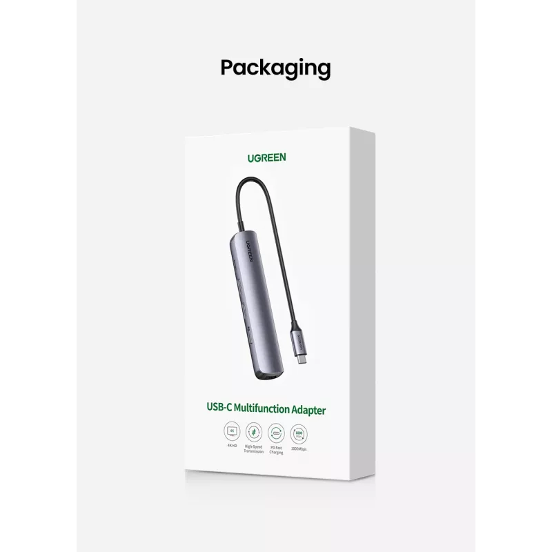 Ugreen CM418 10919 rozbočovač USB-C 5 v 1, HDMI 4K 30 Hz, Ethernet, USB 3.0, Power Delivery, hliník, sivý
