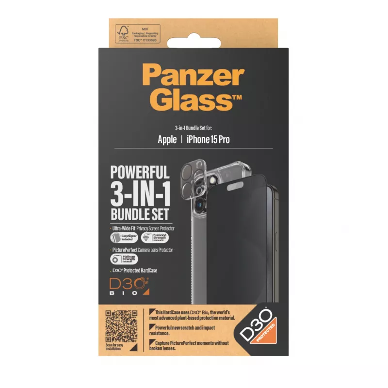 PanzerGlass Privacy 3-in-1 balenie iPhone 15 Pro nárazuvzdorné tvrdené sklo