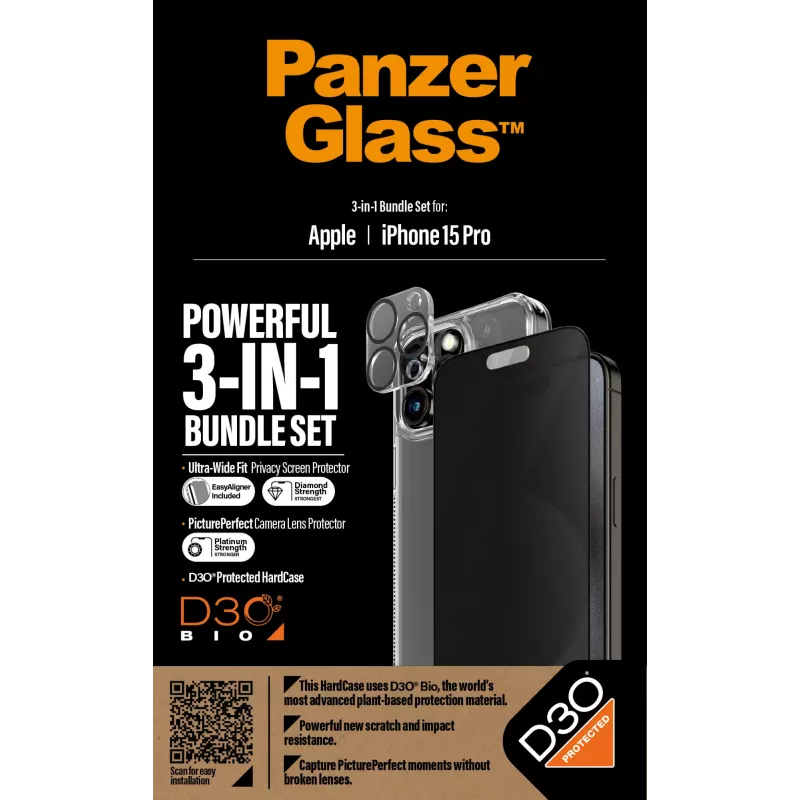 PanzerGlass Privacy 3-in-1 balenie iPhone 15 Pro nárazuvzdorné tvrdené sklo