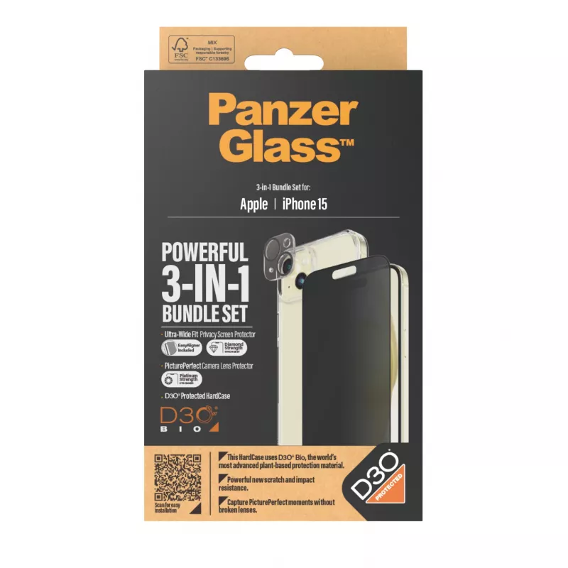 PanzerGlass ® Privacy 3-in-1 balenie iPhone 15 nárazuvzdorné tvrdené sklo