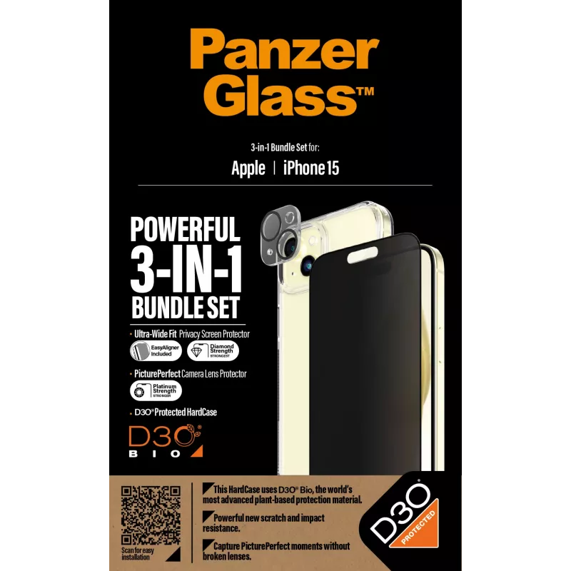 PanzerGlass ® Privacy 3-in-1 balenie iPhone 15 nárazuvzdorné tvrdené sklo