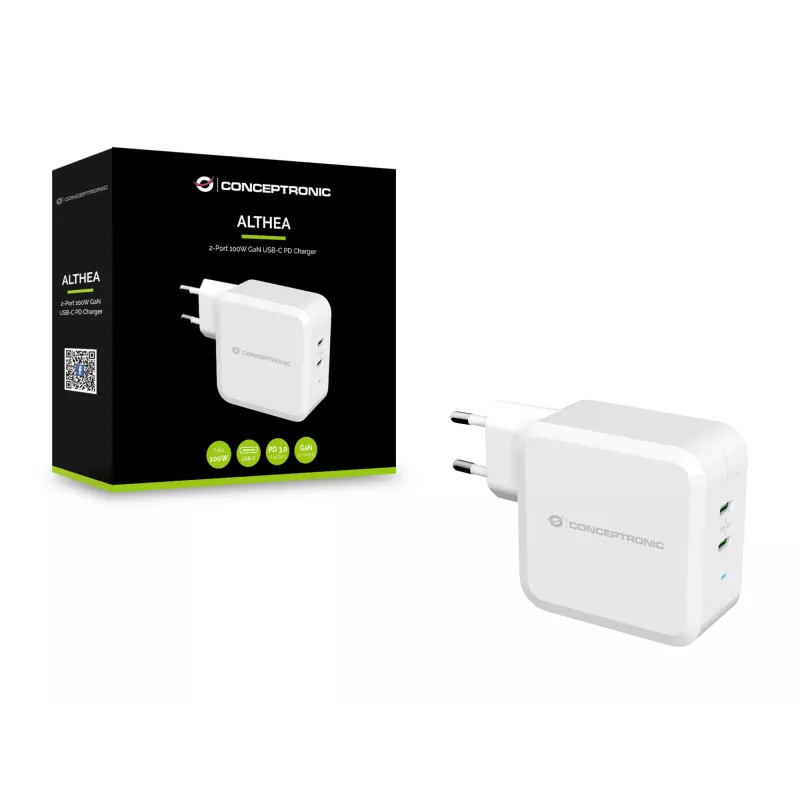 Conceptronic ALTHEA 2-port 100W GaN USB-C PD nabíjačka, interiérová, striedavý prúd, 5 V, 5 A, biela