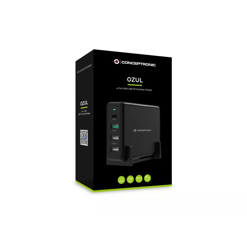 Conceptronic OZUL 4-port 65W USB PD stolná nabíjačka, interiérová, AC, 5 V, čierna