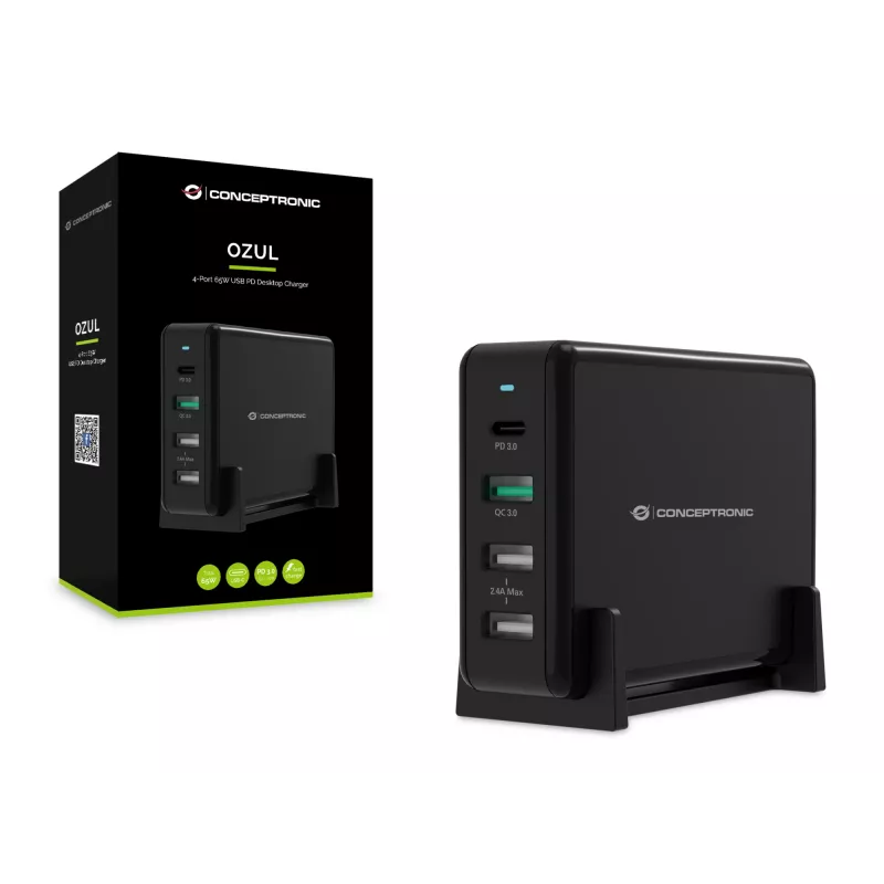 Conceptronic OZUL 4-port 65W USB PD stolná nabíjačka, interiérová, AC, 5 V, čierna