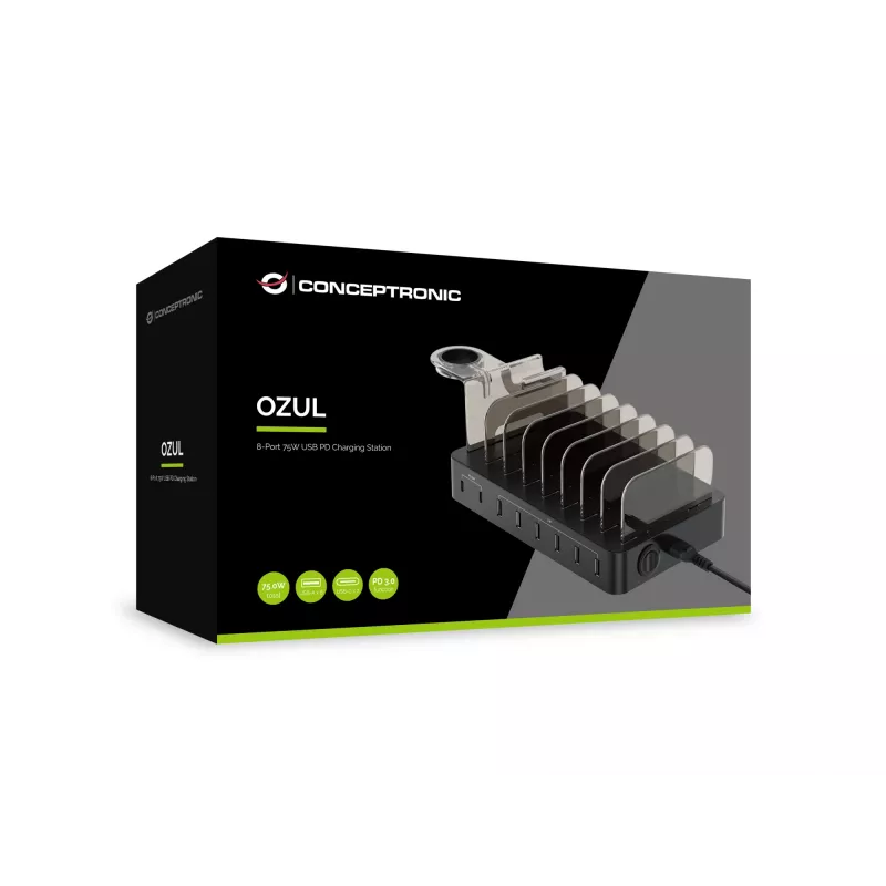 Conceptronic OZUL 8-port 75W USB PD nabíjacia stanica, interiérová, AC, 12 V, čierna