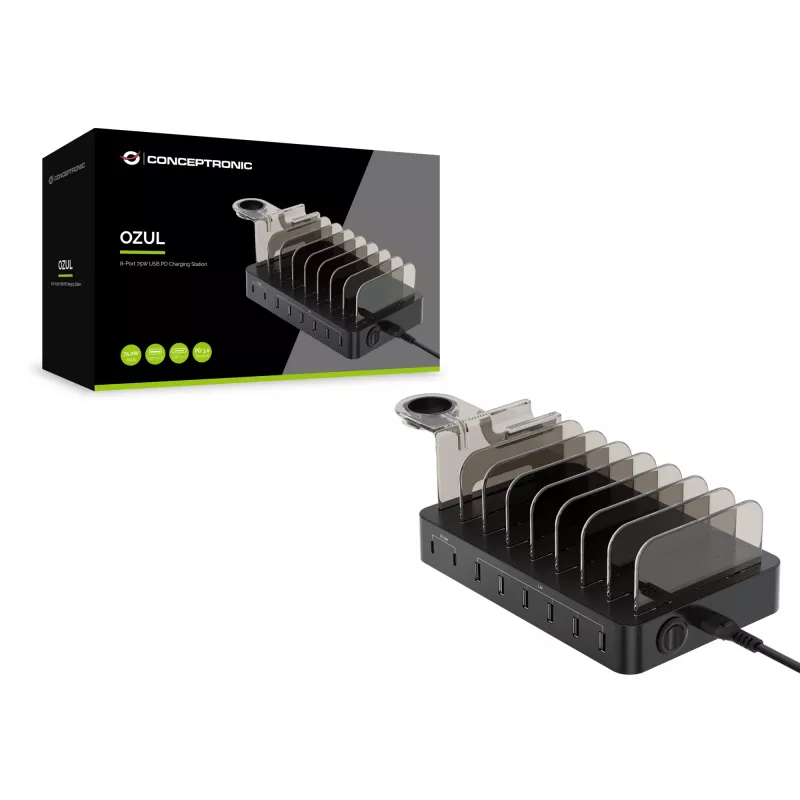 Conceptronic OZUL 8-port 75W USB PD nabíjacia stanica, interiérová, AC, 12 V, čierna