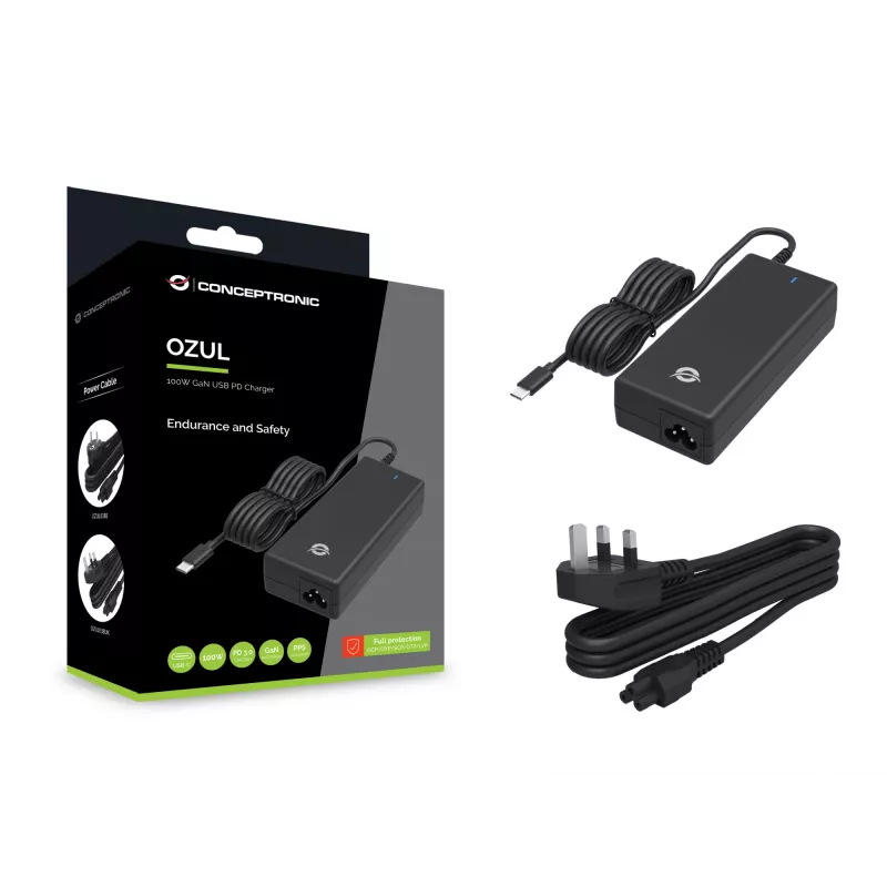 Conceptronic OZUL03BUK 100W GaN stolná USB PD nabíjačka, integrovaný USB-C kábel, UK konektor
