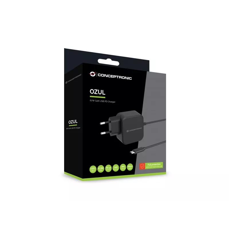 Conceptronic OZUL04BE 67W GaN USB PD nabíjačka, integrovaný USB-C kábel