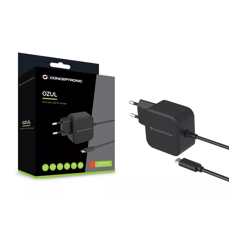 Conceptronic OZUL04BE 67W GaN USB PD nabíjačka, integrovaný USB-C kábel